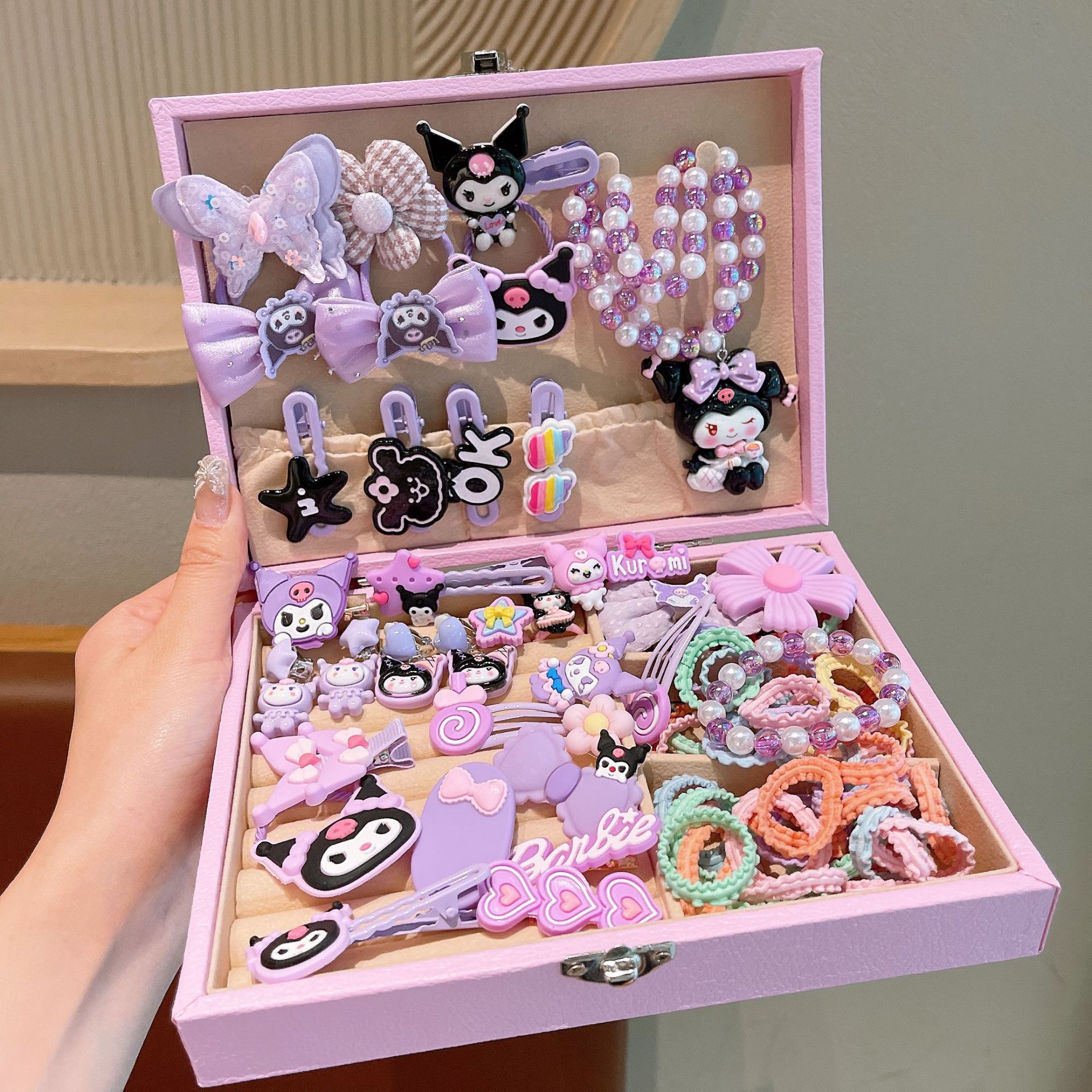 Kuromi Children's Hair Accessory Set Gift Box, Birthday Present for Little Girls, Princess Cartoon Sanrio Hair Clip Jewelry Box full figure