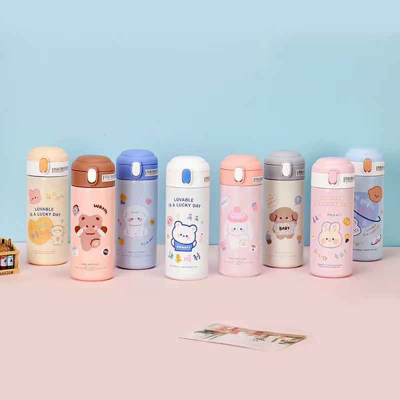 Cute bear straw cup, thermos flask, student cartoon bouncing and diving cup, ins style, girlish heart, custom-made thermos flask details Picture