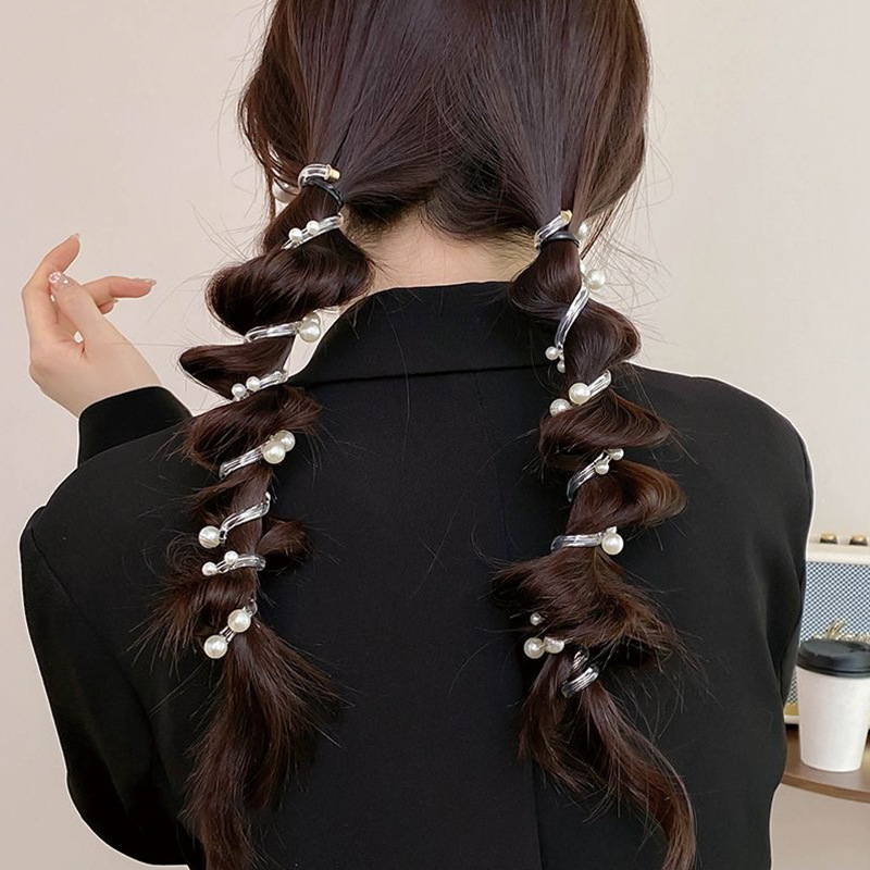 Korean-style pearl straight telephone line hair tie, a perfect tool for high school girls' ponytails, elegant bubble braid hair tie, fashionable braided hair tie details Picture