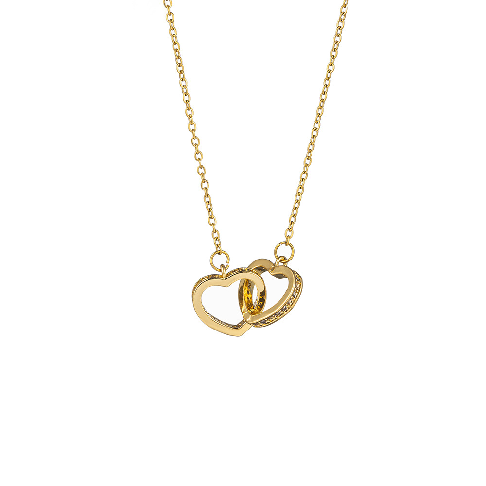 Korean-style 18k gold-plated double-ring heart-shaped titanium steel necklace, a niche full-diamond design for women, a popular collarbone chain accessory Item Picture