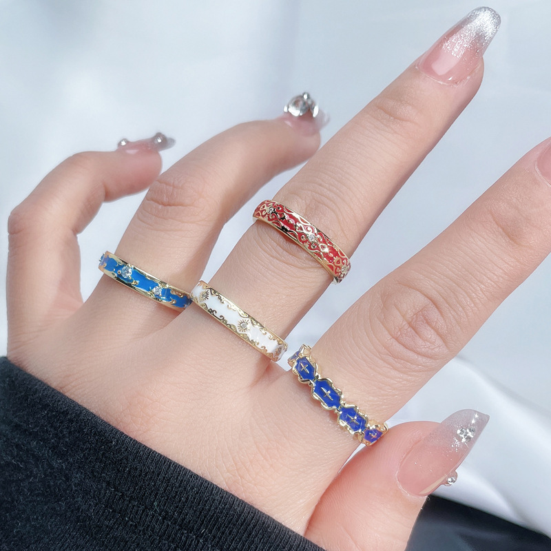 New Chinese-style national trend retro drip glaze open ring, a niche design for women, sweet and cool, individual, versatile and elegant ring Specification drawing
