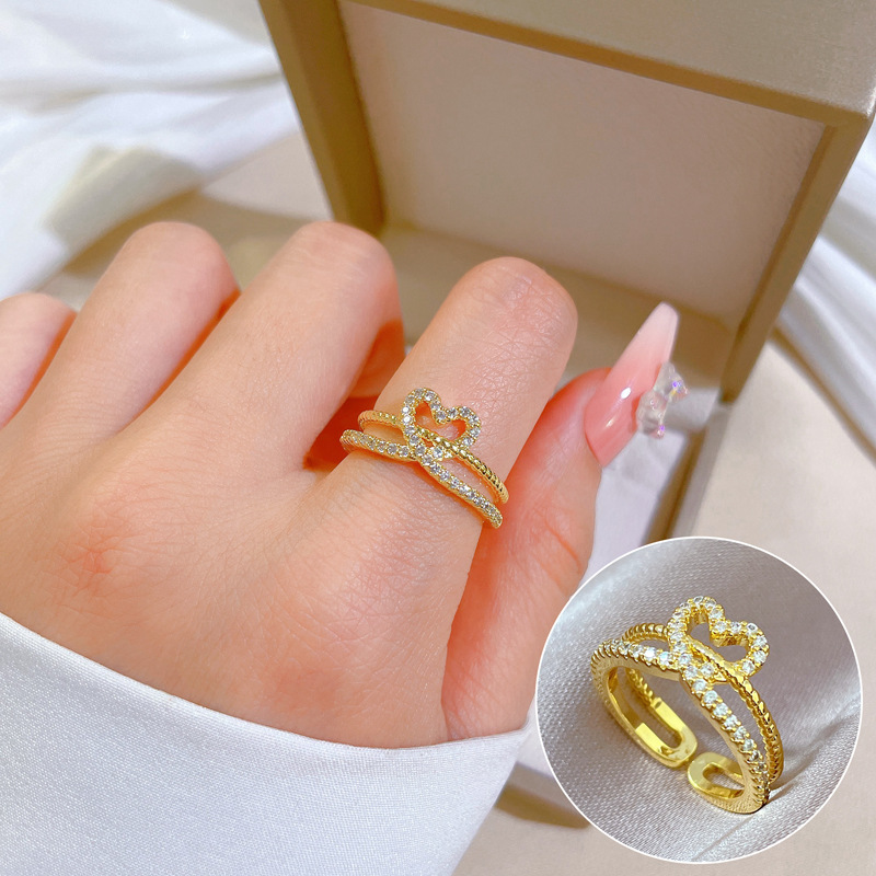【 Real gold electroplating 】 A fashionable slightly inlaid luxury ring index finger ring for a woman with an open heart, the same cool style as the Internet celebrity full figure