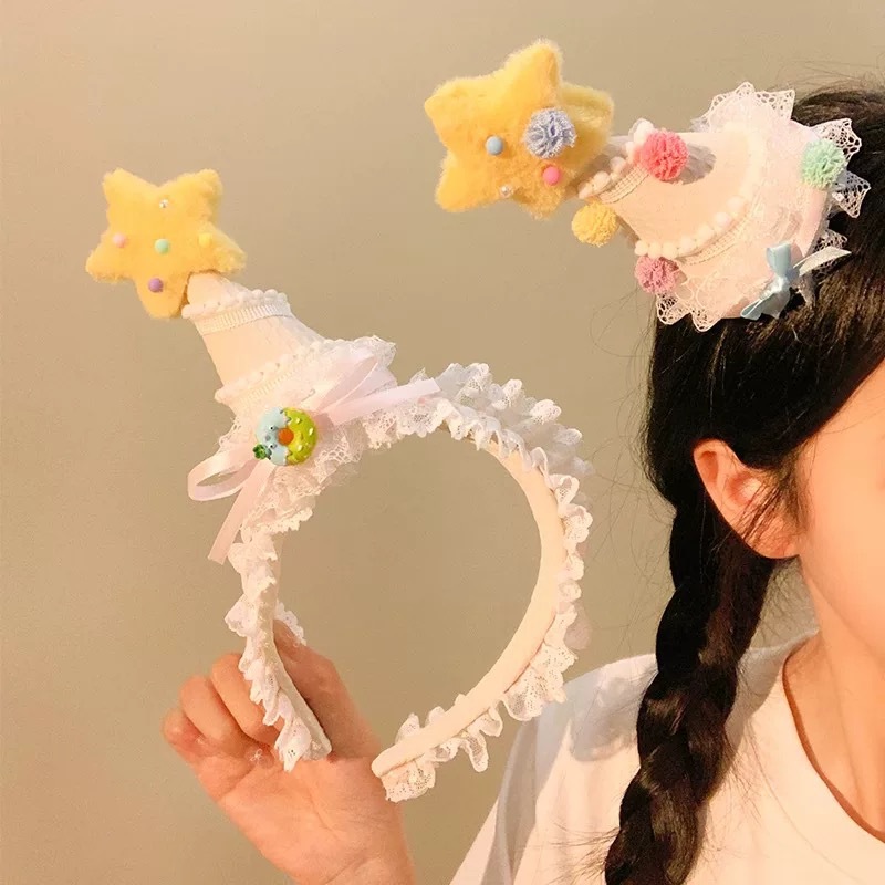 Make a wish! A yellow star-shaped birthday hat, headwear, hairpin, and a cute, girlish atmosphere. It's a photo prop and headband Application Scenario