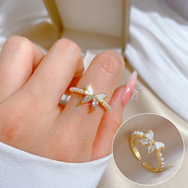 【 Real Gold 】 Butterfly Oil Drop Zircon ring with adjustable opening, simple jewelry, Japanese-style ring couple rings full figure