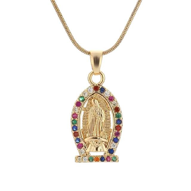 European and American retro sacred religious accessory necklace, copper micro-inlaid zircon Virgin Mary pendant, cross collarbone chain Item Picture