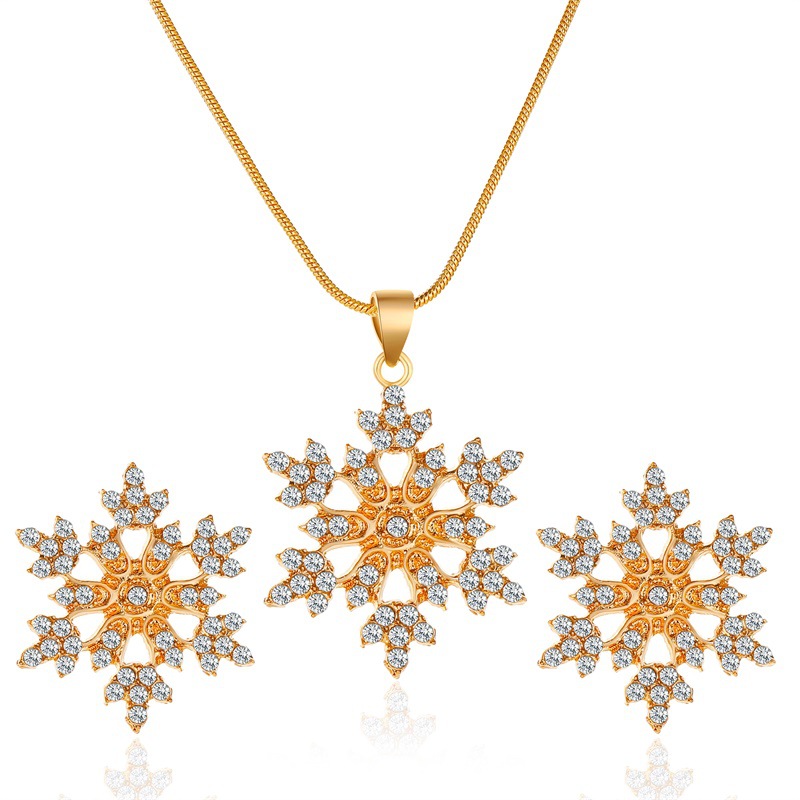 The new cross-border set of jewelry features a simple and elegant style. It is a full-diamond alloy snowflake necklace with stud earrings and is a gift for the Qixi Festival Item Picture