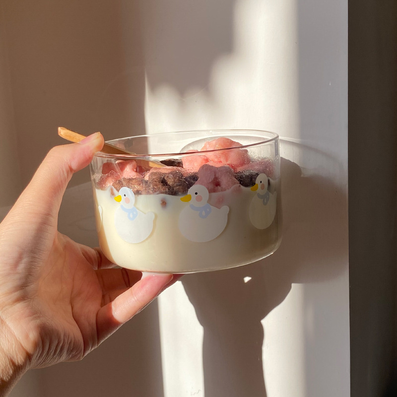 Korean ins Little Duck high borosilicate heat-resistant glass bowl cartoon printed breakfast tableware set can be microwaved Specification drawing