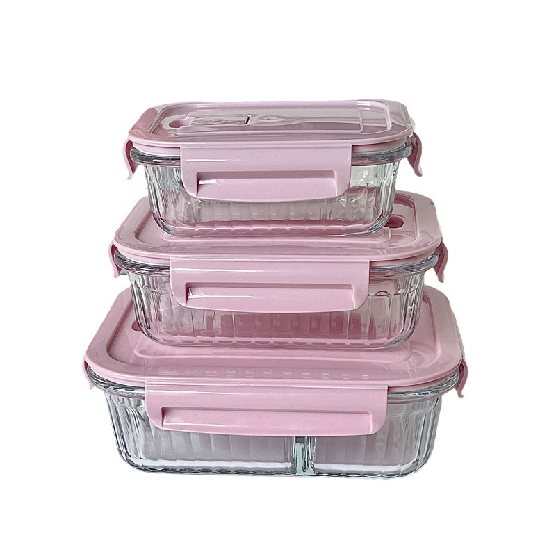 Wholesale of Bolimei vertical pattern high borosilicate glass lunch boxes, microwave oven divider rice bento boxes, fresh-keeping bowls with meals Item Picture