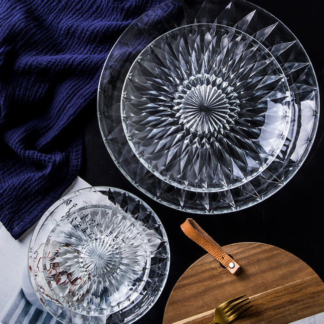 Thai Ouxin lead-free glass diamond bowls and plates, snack and fruit plates, dessert and cold dish salad plates, heat-resistant and microwaveable