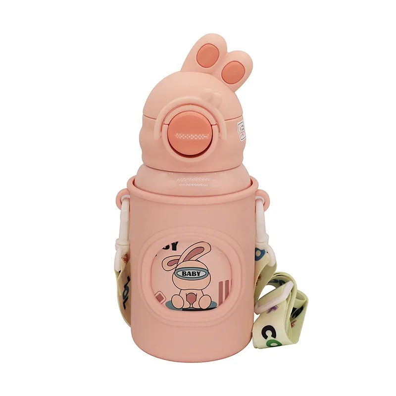Cute rabbit insulated cup, children's cute girls' straw cup, crossbody high appearance level cartoon baby stainless steel cup Item Picture
