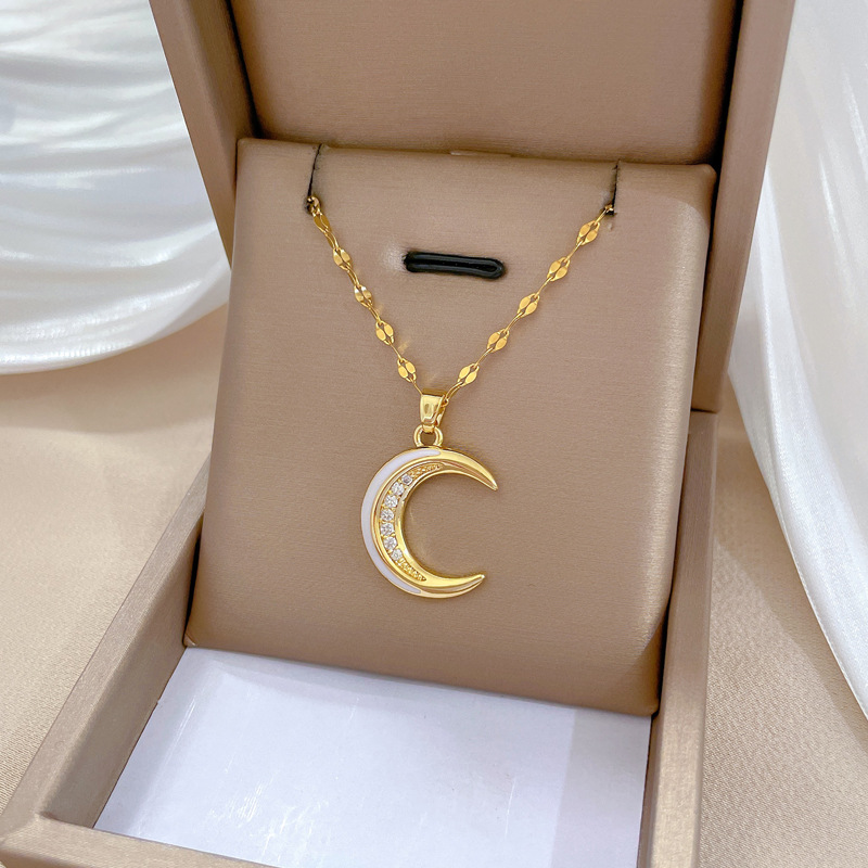 【 Titanium Steel 】 Oil-dripping moon, light luxury and elegant, full diamond necklace, versatile collarbone chain for female Internet celebrities, titanium steel chain Specification drawing