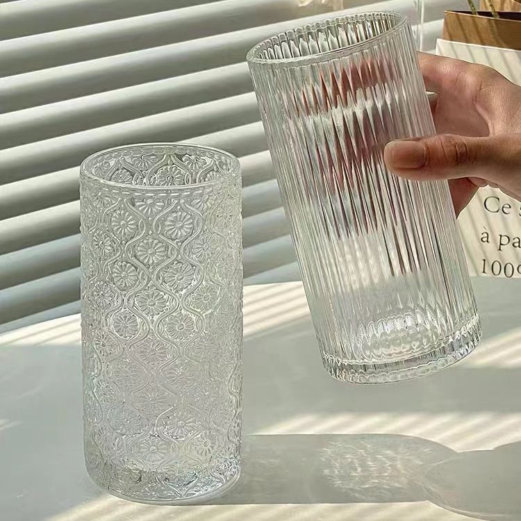 Niche in crabapple engraved cup, glass cup, home milk drink cup, simple American latte coffee cup, drinking cup Specification drawing