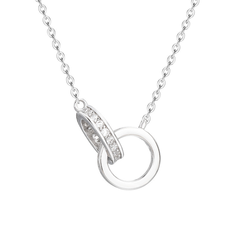 A silver, simple, slightly diamond-encrusted double-ring necklace with a unique feminine charm and a light luxury collarbone chain. It features a distinctive circular design pendant Item Picture
