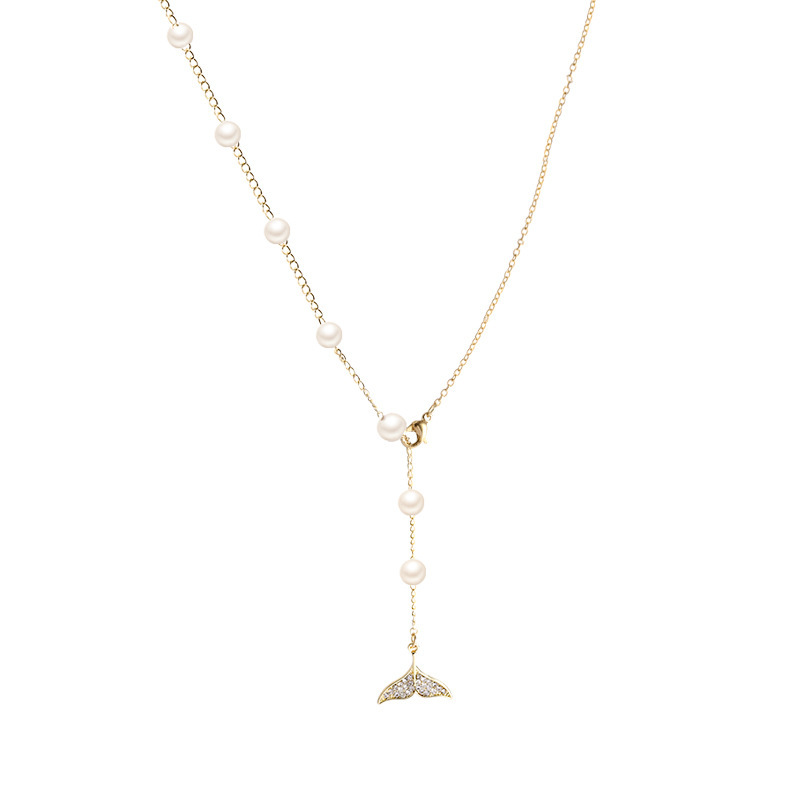 The light luxury fishtail adjustable pearl titanium steel necklace exudes a sense of sophistication for women, is a versatile and trendy pendant, a bestseller, and a stylish collarbone chain Item Picture
