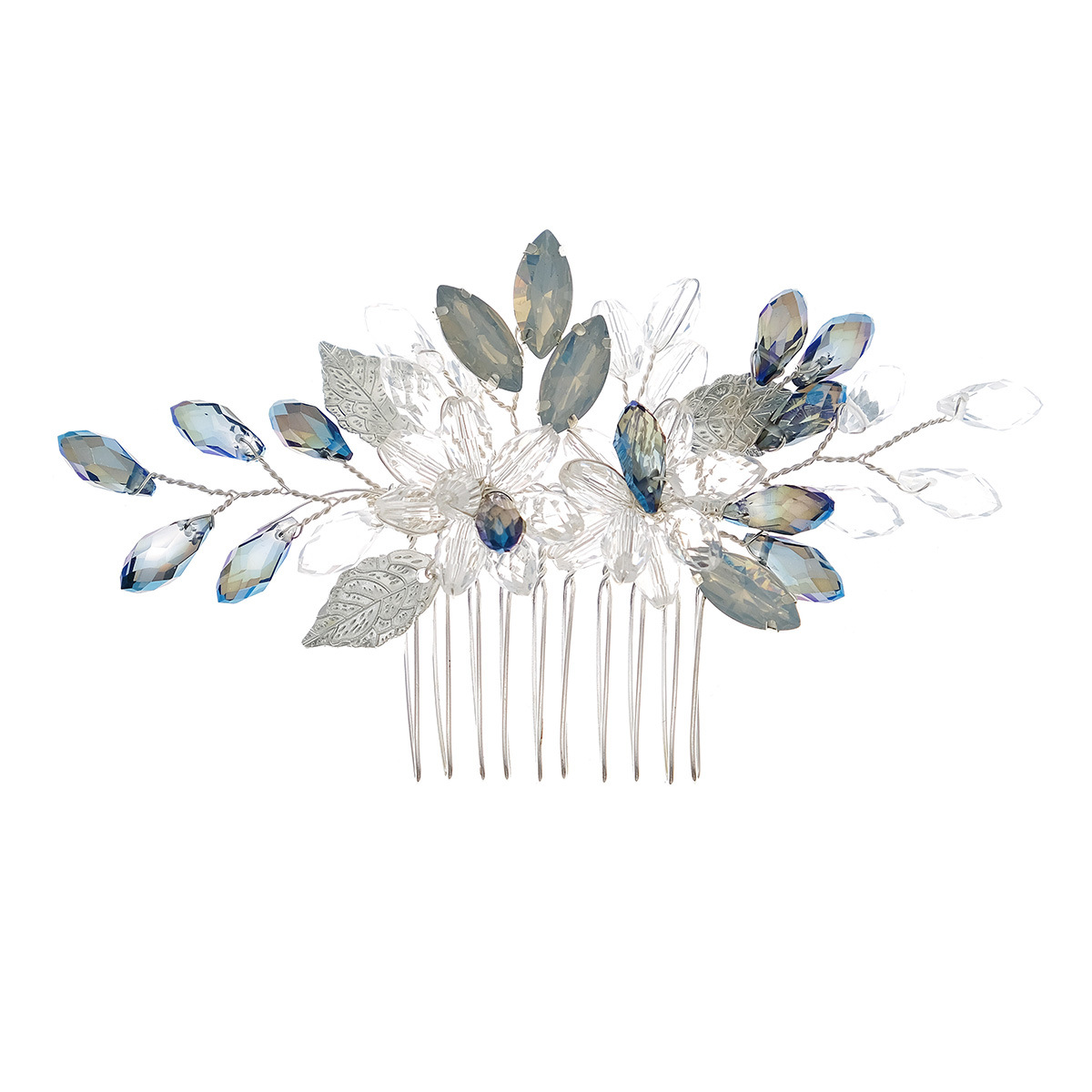 New Chinese-style wedding dress, evening gown, hair accessory, horse eye protein diamond, hand-inserted comb, personalized blue crystal updo, hair comb Item Picture