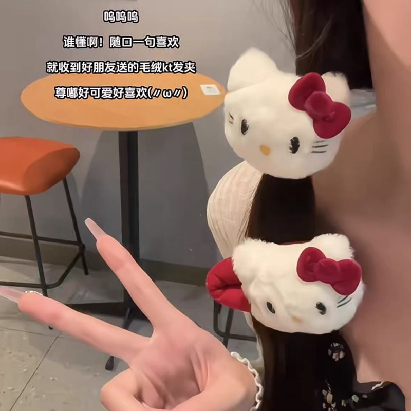 Cute plush Kitty sweet Encore red bow hair clip, girl's bangs cartoon BB hair accessory 2024 Specification drawing
