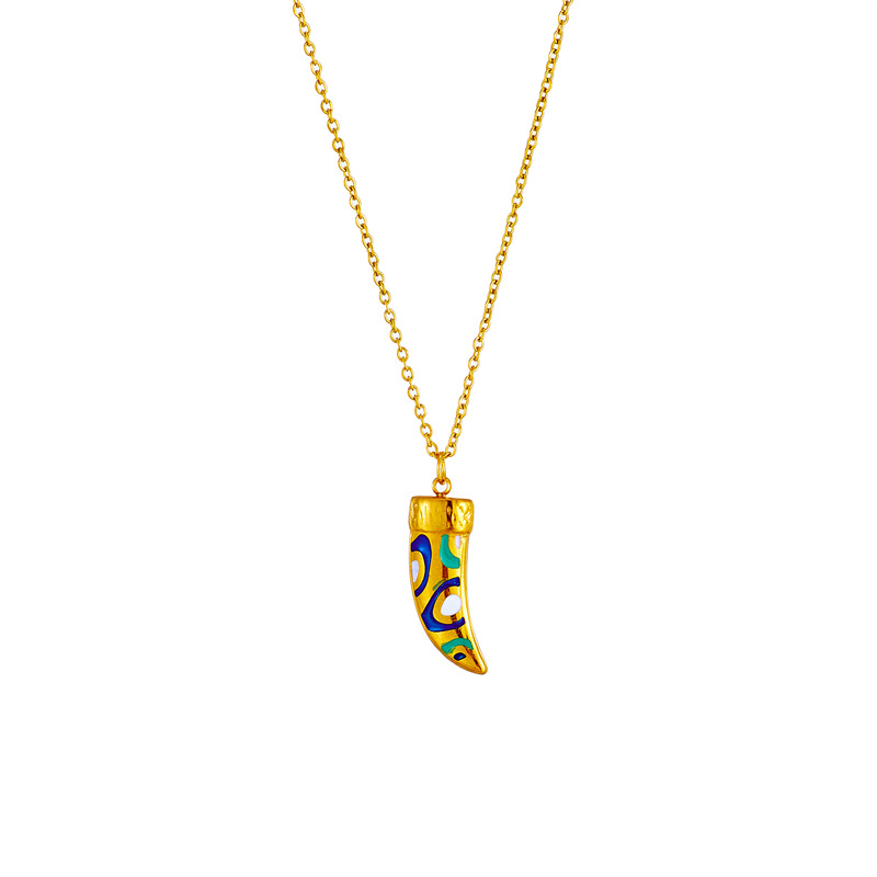 Fashionable and niche ethnic style design, metal titanium steel horn, colorful oil-dripping pendant chain accessory, retro necklace Item Picture