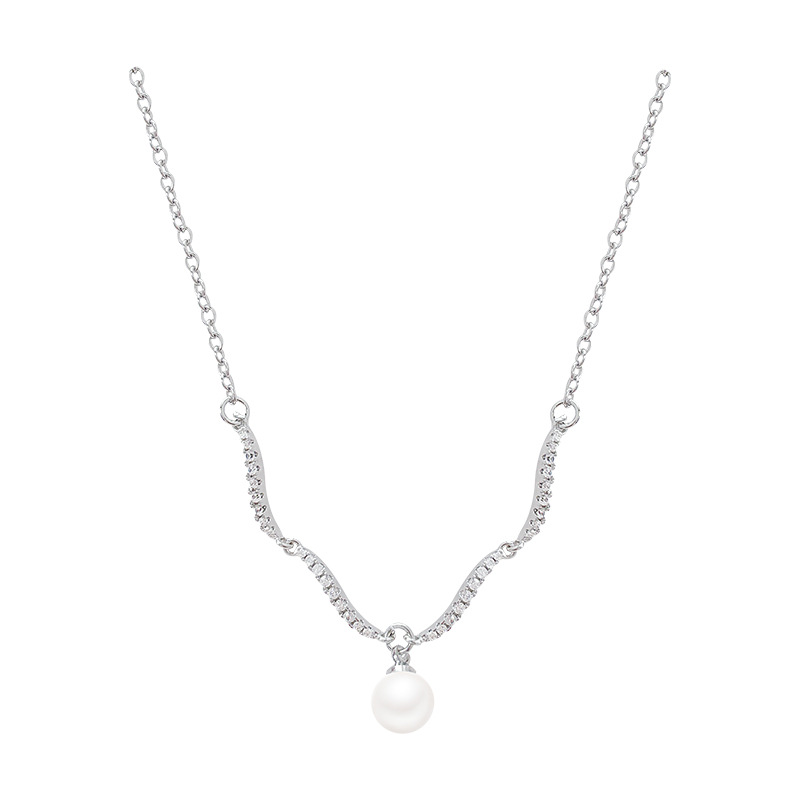 Silver wavy micro-inlaid pearl pendant necklace, simple and elegant, light luxury, exquisite and high-end, personalized and versatile collarbone chain Item Picture