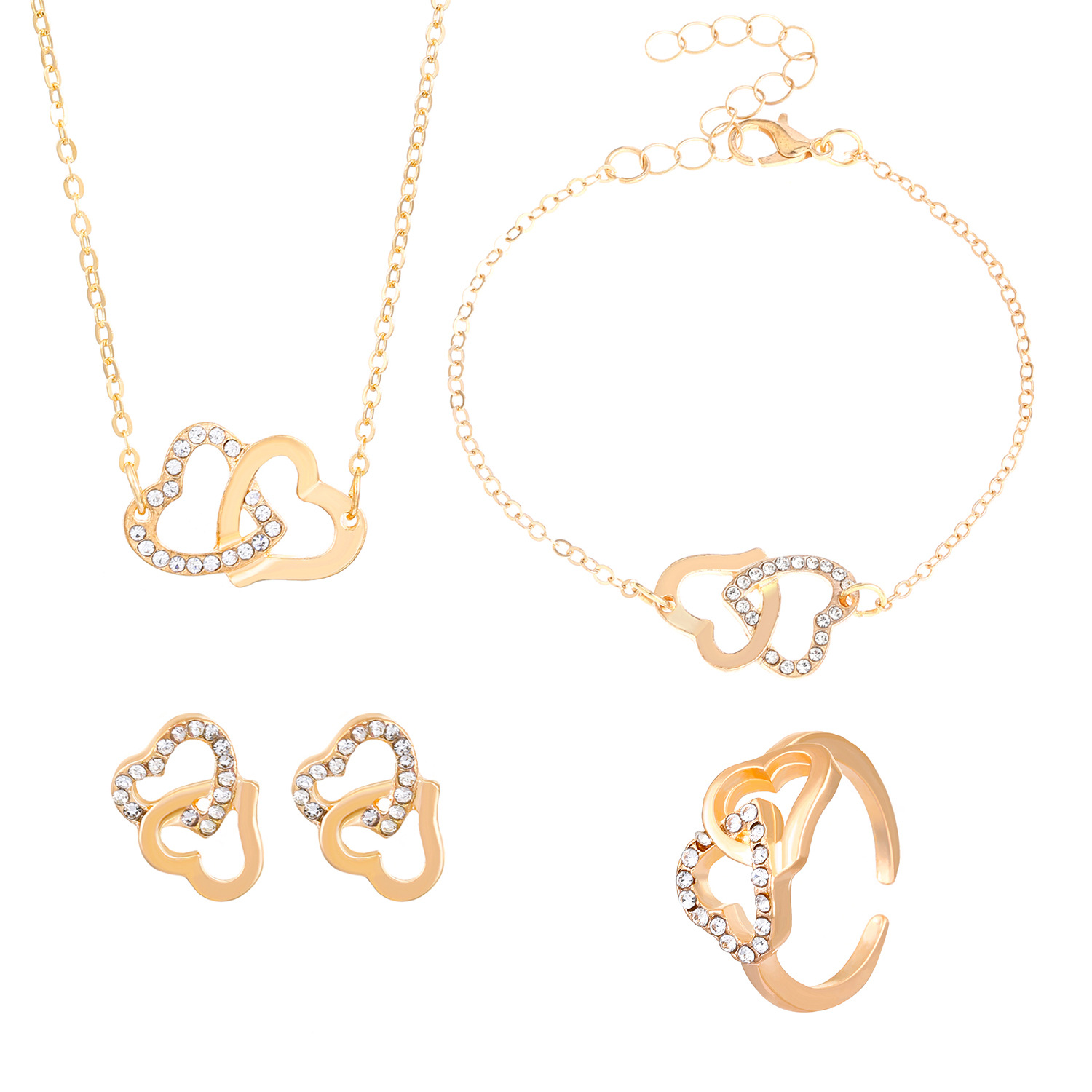 European and American diamond-encrusted double-ring heart-shaped earrings, rings, bracelets, necklaces, four-piece jewelry sets, women's fashion and high-end feel Item Picture