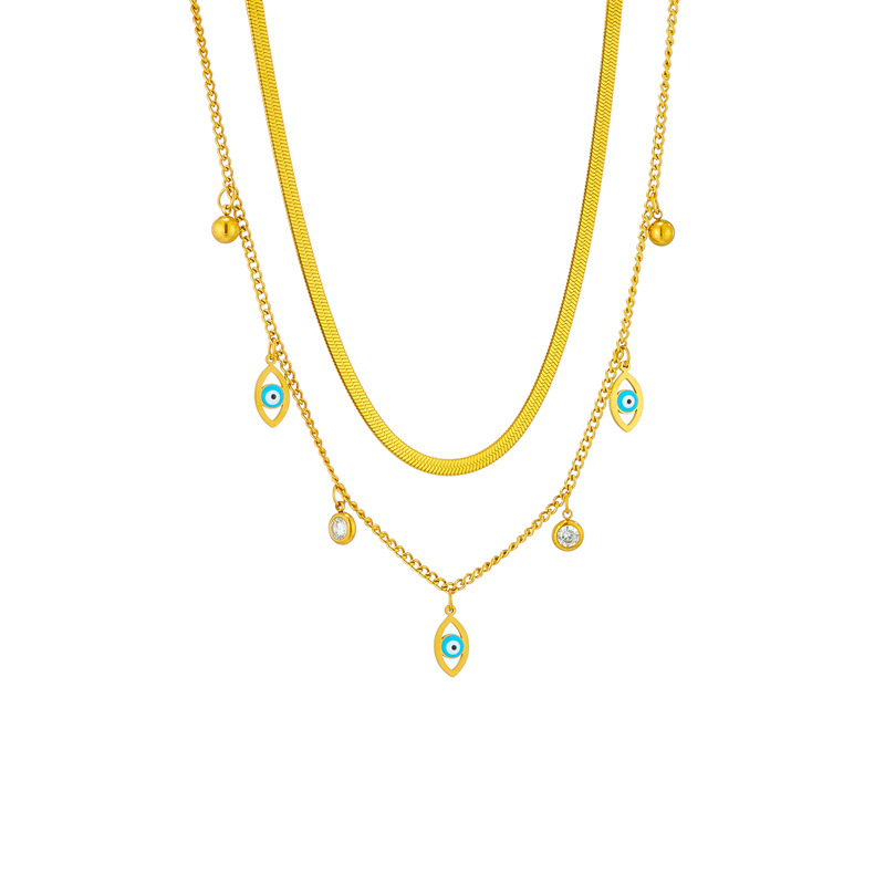 A stylish and simple double-layer titanium steel chain with diamond eye pendant from Europe and America, a punk high-end and versatile necklace Item Picture
