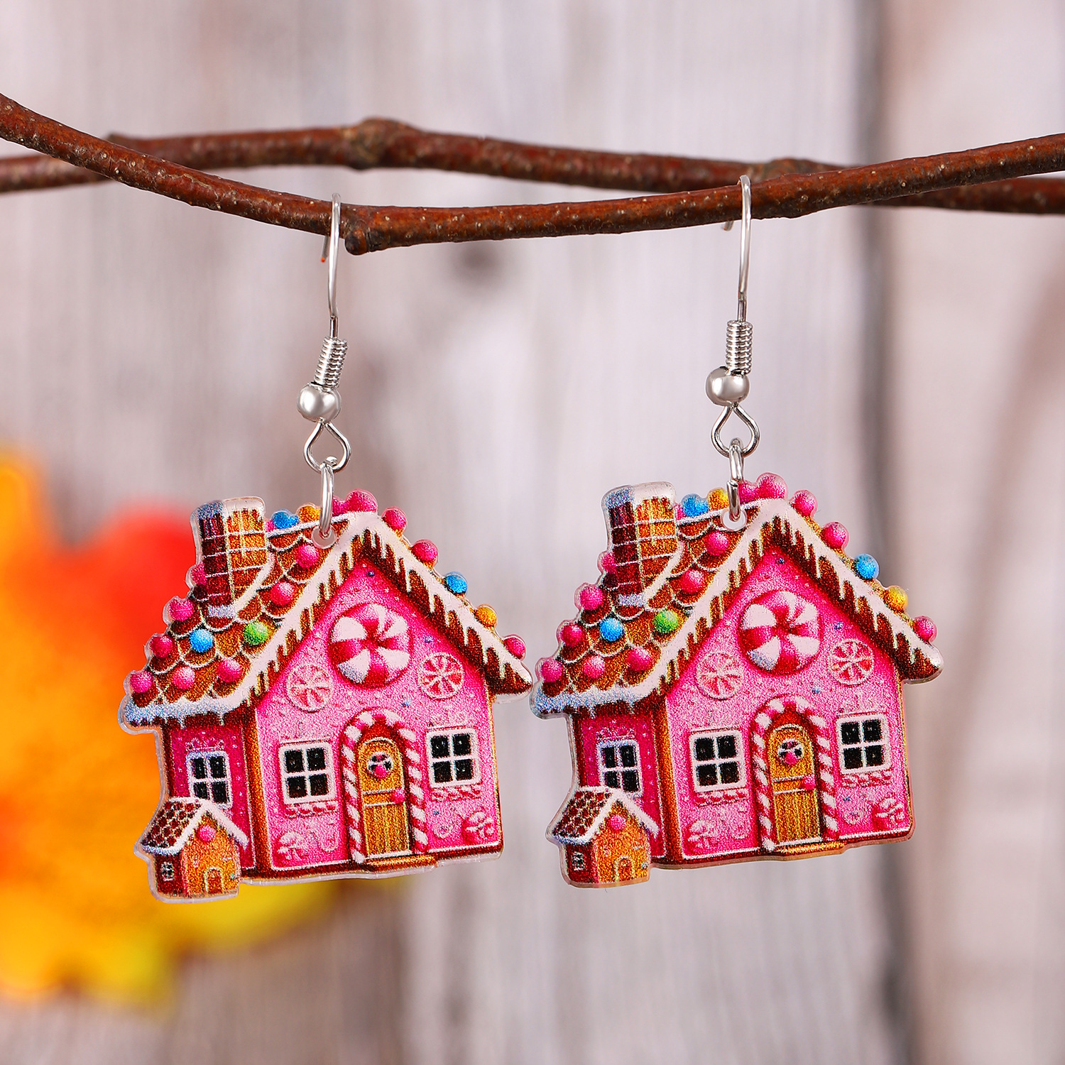 European and American cross-border pink gingerbread house flat earrings, Christmas cartoon personality acrylic earrings for women full figure