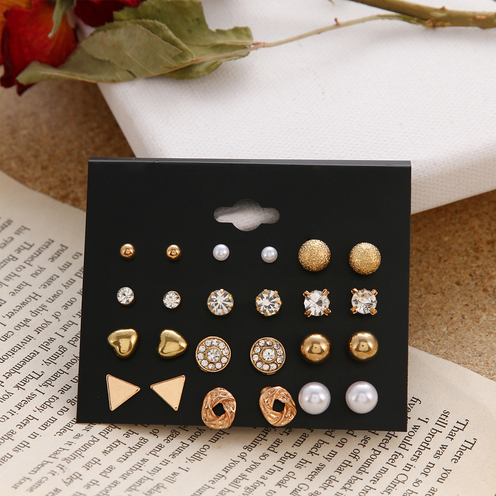 European and American cross-border stud earring set, 12 pairs of stud earrings, zircon heart triangle diamond earrings, retro stud earrings wholesale details Picture