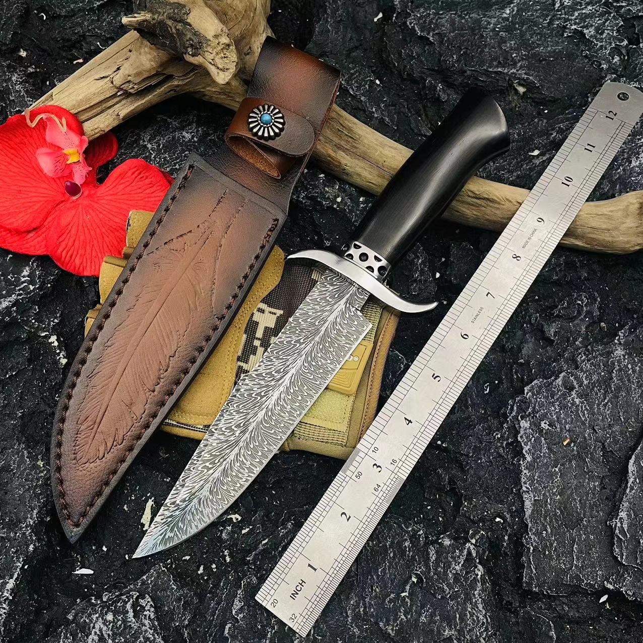 Boyi Hunter Straight Outdoor multi-functional straight knife with double hand guards for self-defense, sharp fruit knife, high-end collectible, gift and decorative item full figure