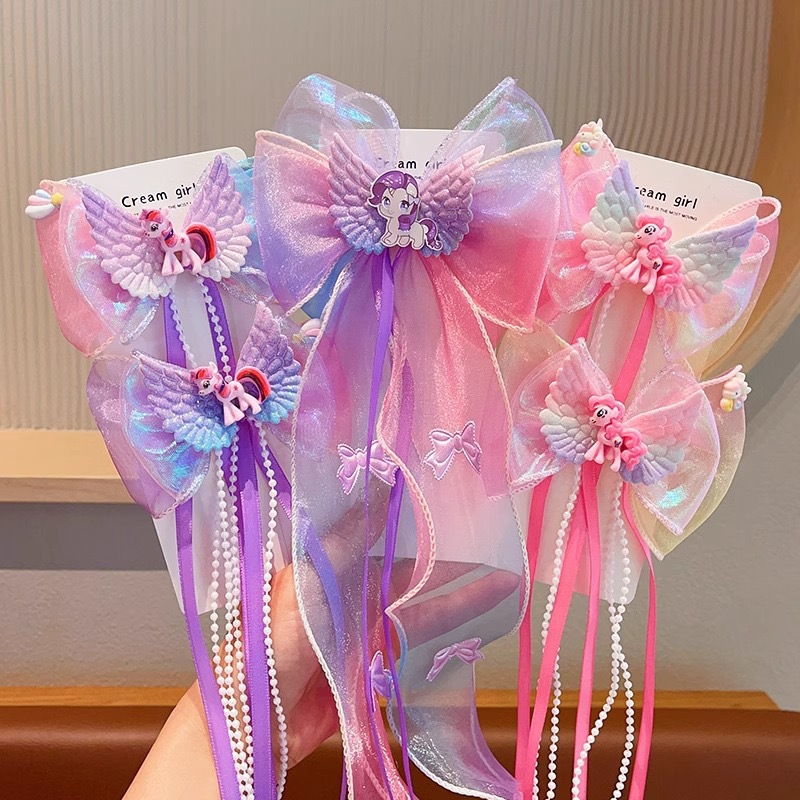 Children's pearl mesh gauze float cartoon super fairy princess ribbon braided hair headwear, little girl bow hair clip hair accessory Application Scenario