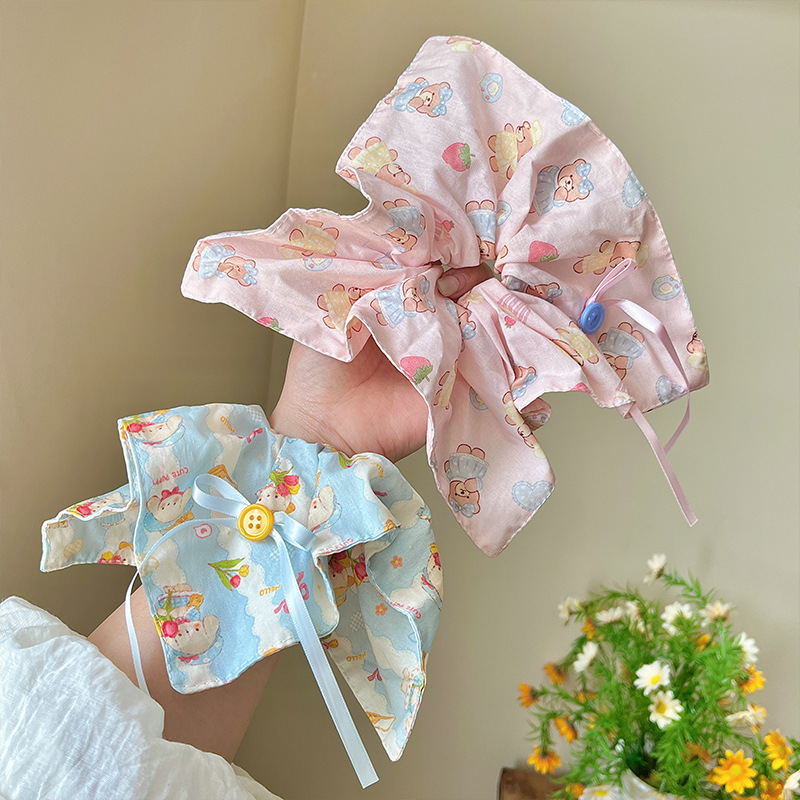Cream girl, little bear, bow, fabric, large intestine circle, hair tie, square scarf, floral hair tie, ponytail, hair accessory, headwear full figure