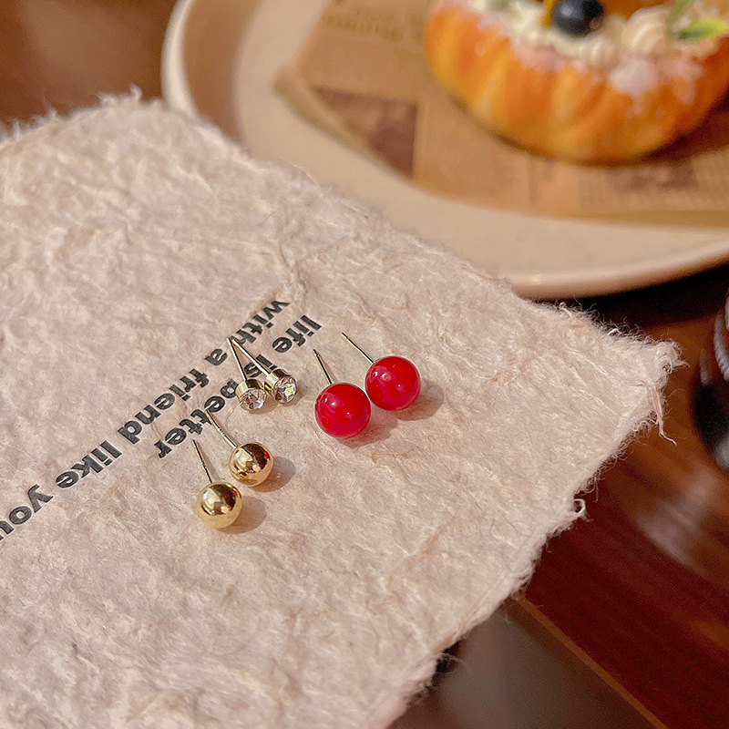 S925 Silver Needle Red Bean Three-piece Set Earrings, simple and niche design, Zircon ear studs for ear piercing, elegant earrings wholesale Specification drawing