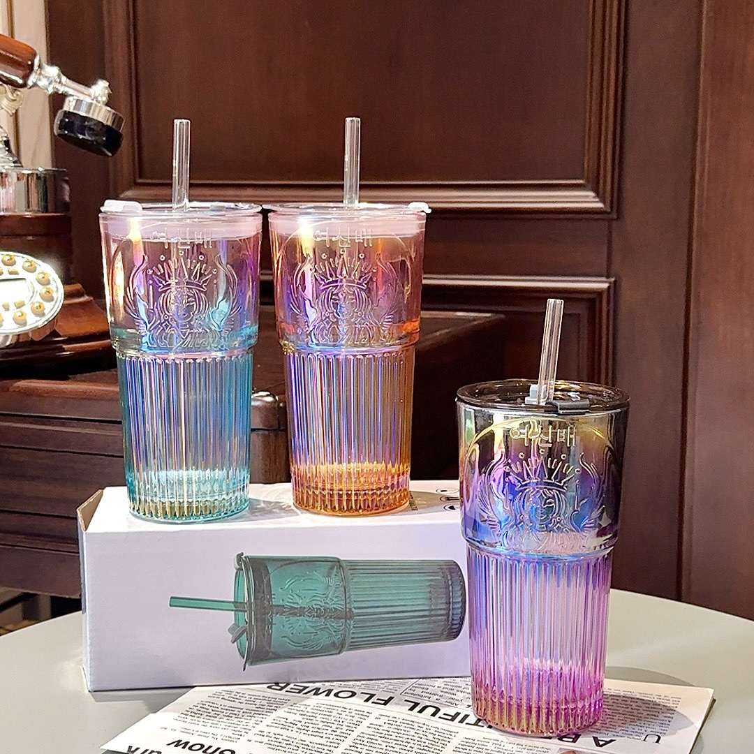 Gradient color thickened glass cup, high appearance level, colorful girls' straw cup, desktop home double-drinking goddess relief water cup Specification drawing
