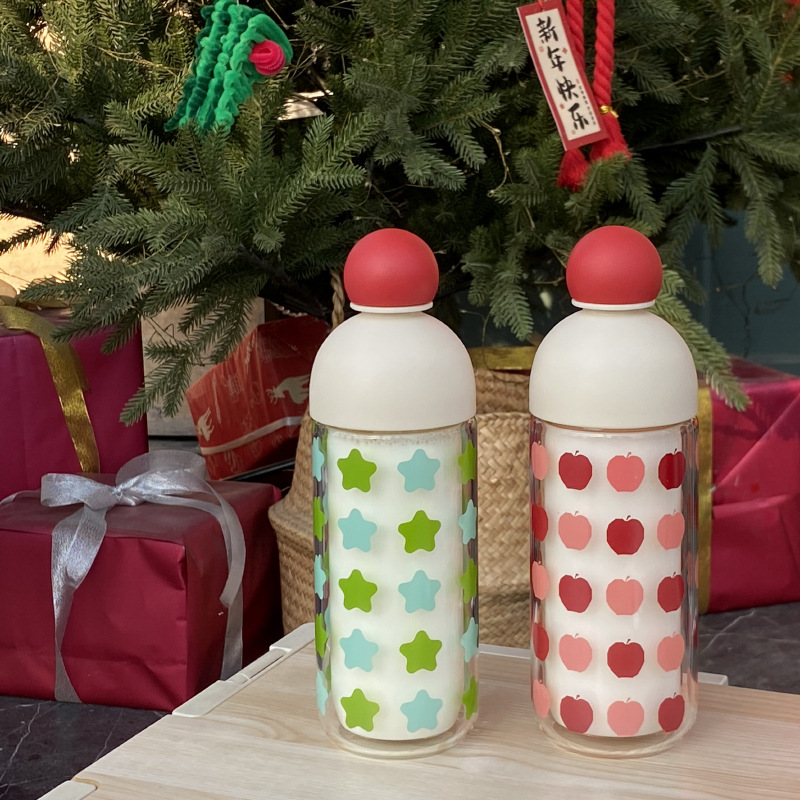 ins niche red nose double-layer high-temperature resistant glass cup, cute star-sealed water cup, car portable cup gift full figure