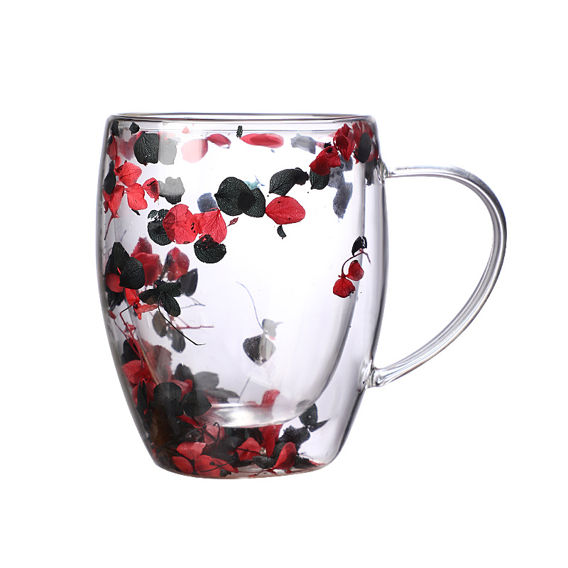 New popular petal flower-shaped glass cup, high appearance level, high-temperature resistant dried flower real flower double-layer creative high borosilicate glass cup Item Picture