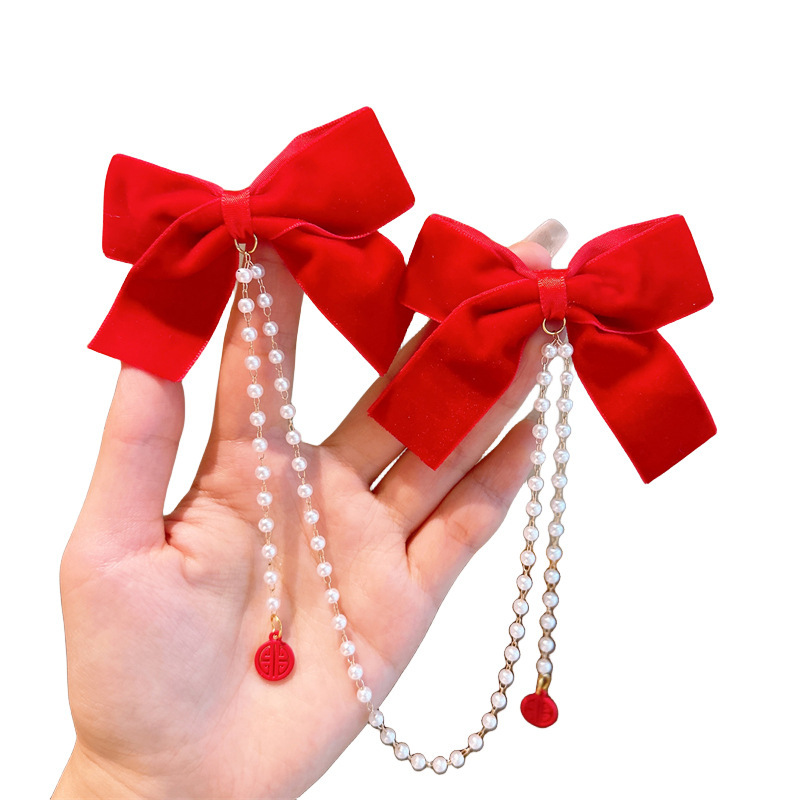 Children's New Year Red and festive pearl chain bow hair clip, baby princess headwear hair clip, girl tassel pair clip Item Picture