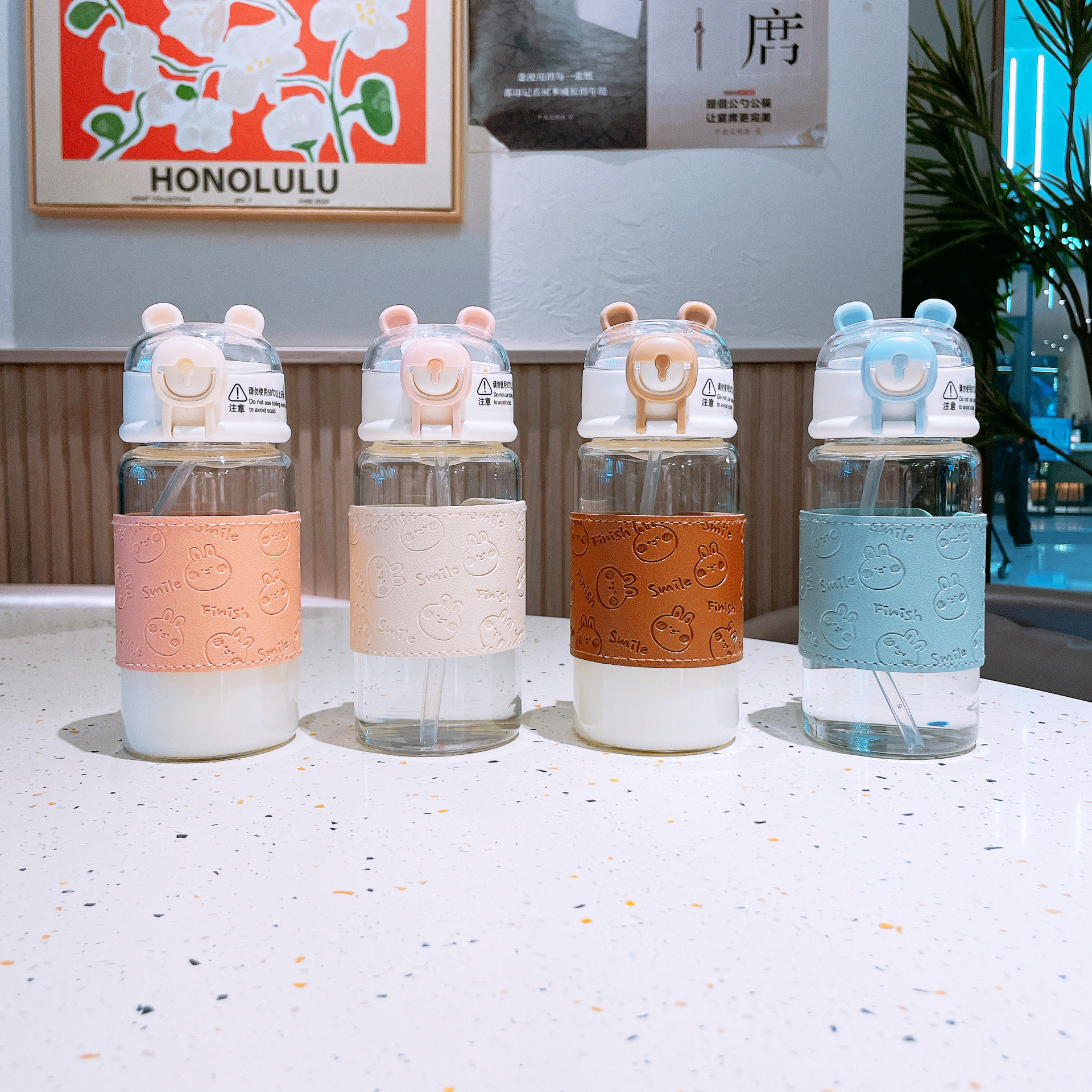 Cute leather case glass cups, cartoon embossed student straw cups, join hands to enhance the appearance level. Pop-up lid anti-scald portable cups details Picture