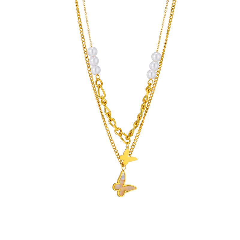 A new, fashionable, retro and niche design from Europe and America. Double-layer irregular chain beaded butterfly pendant titanium steel necklace Item Picture