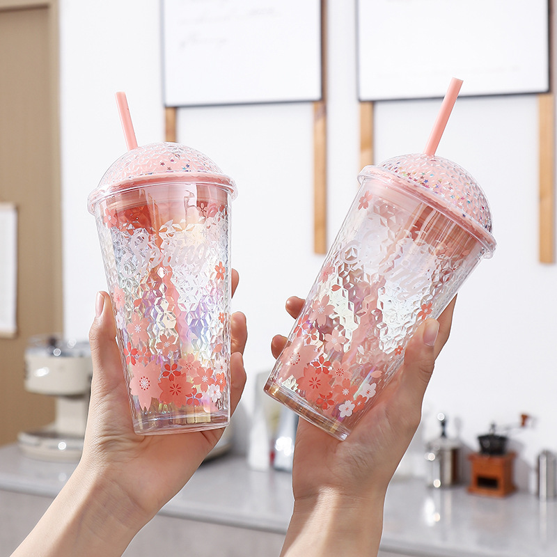 Cherry blossom glass starry sky cup, creative and cute straw cup, household water cup, juice and milk beverage cup, student drinking cup full figure