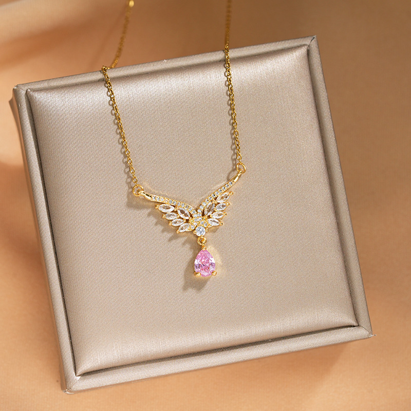 Cross-border light luxury best-selling pink water drop butterfly wing large zircon pendant titanium steel necklace, high-end women's collarbone chain details Picture