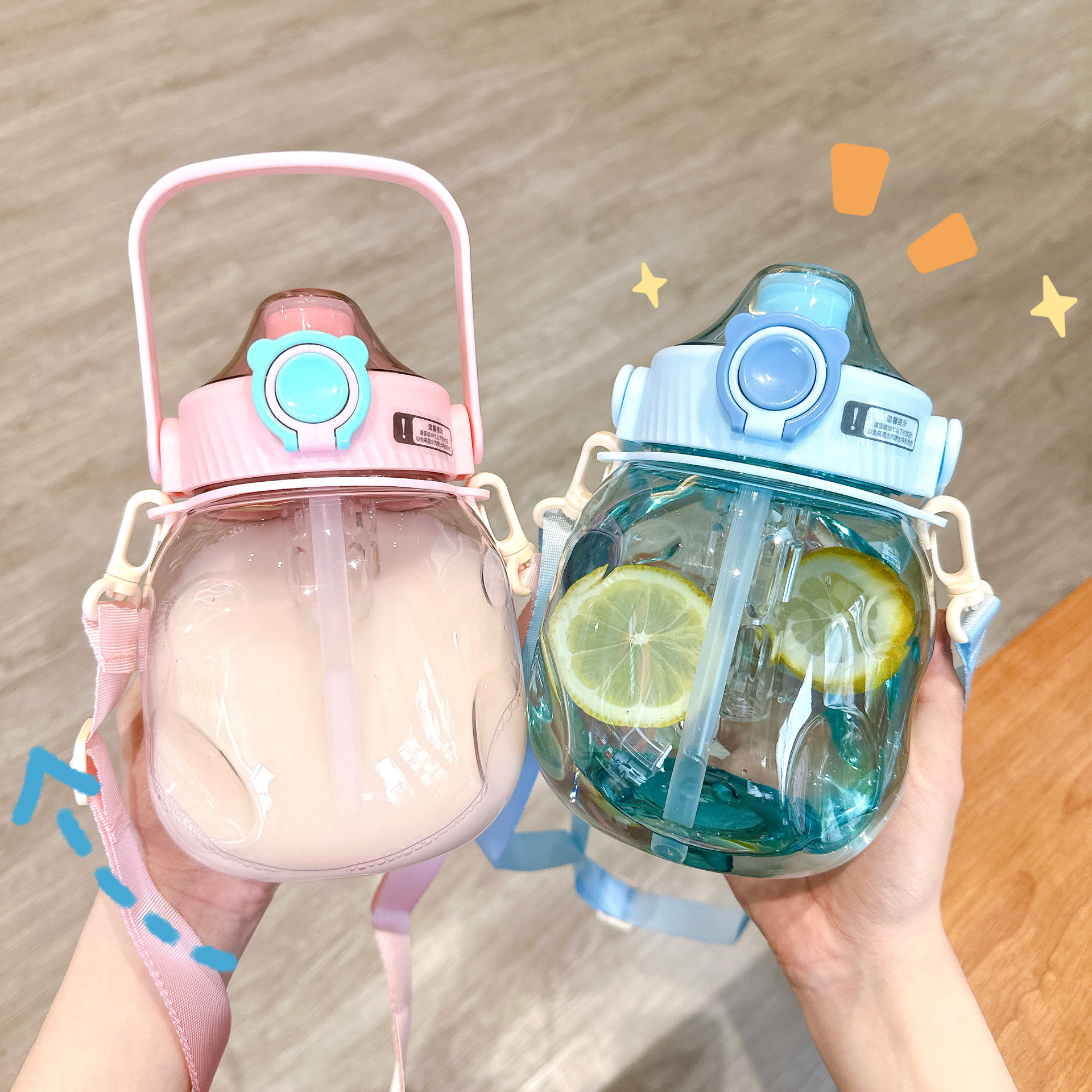 Simple large-bellied cup with tea holder, portable summer student straw cup, cute sticker, hand-held large-capacity plastic water bottle Application Scenario