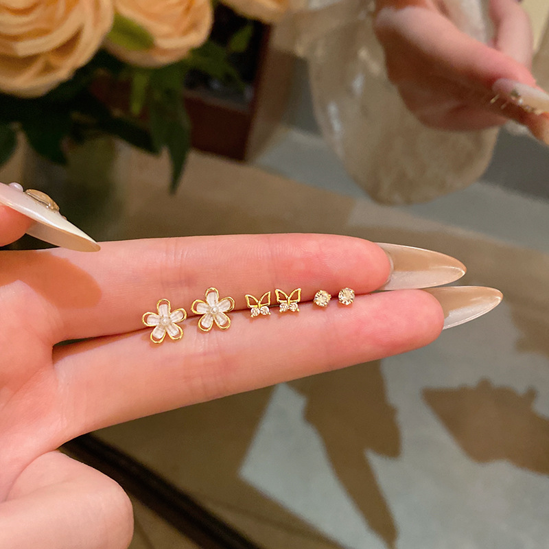 Zircon butterfly flower stud earrings for women, sweet, niche and versatile three-pair set earrings, design sense and personality earrings full figure