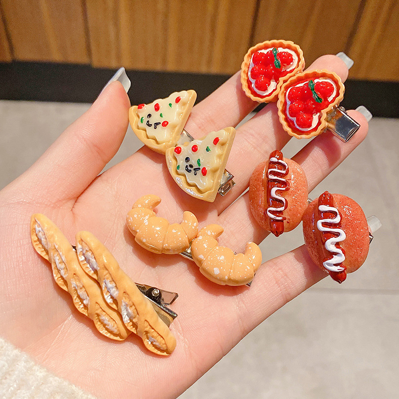 Funny food hair clips, hairpins, headwear, cute duckbill clips, side bangs, pizza, hot dog bread, Internet celebrity hair clips full figure