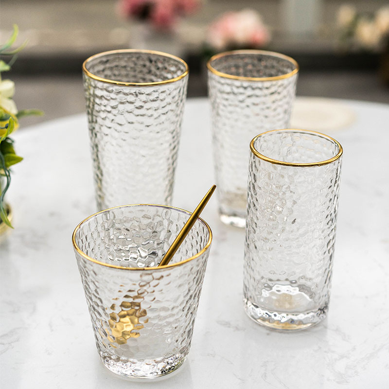 Creative Japanese-style transparent glass water cup, women's heat-resistant transparent gold-rimmed tea cup, household hammer-patterned glass cup set full figure