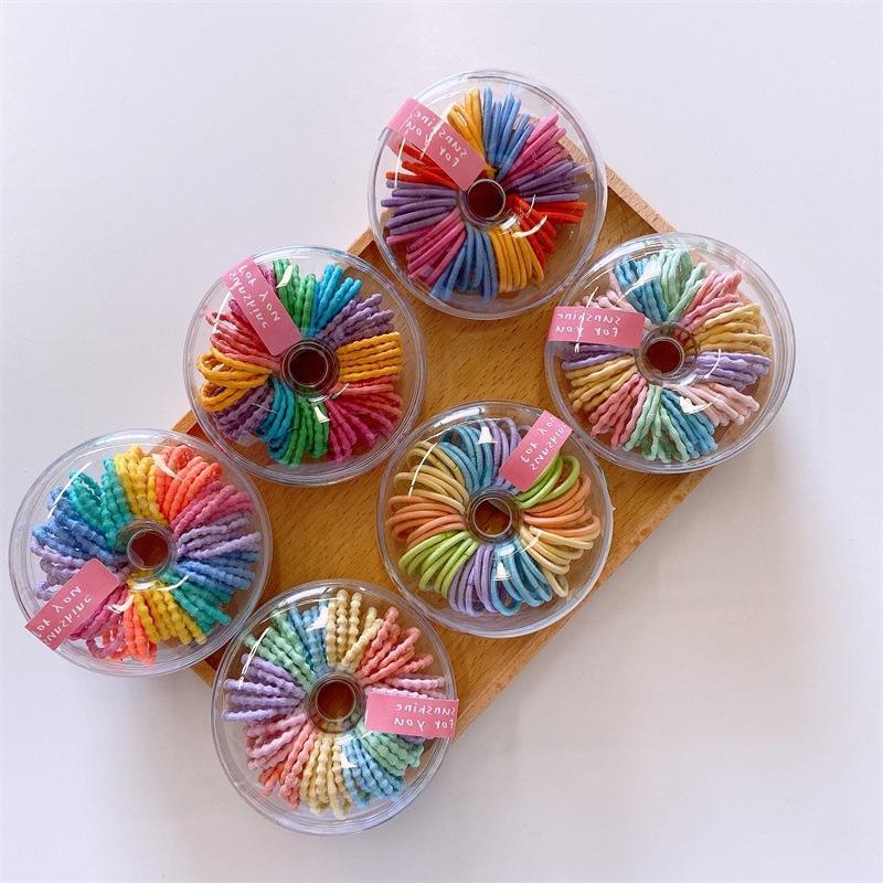 New children's fluorescent color thumb hair band 60-piece round box set, new small band hair non-damaging set details Picture
