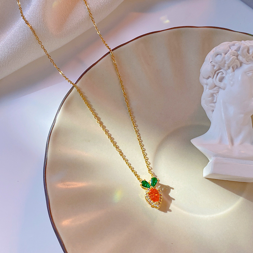 Korean InS-style cute little carrot pendant titanium steel necklace, women's colorful high-end exquisite zircon collarbone chain details Picture