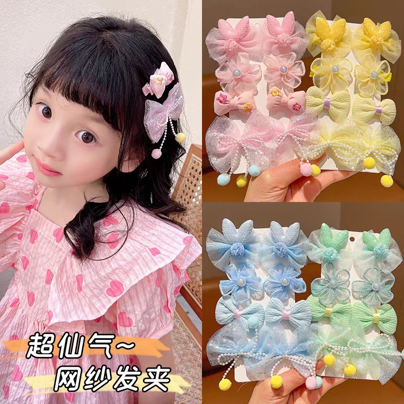 Children's mesh bow hair clips, princess super fairy fabric flower clips, girls' broken bangs without damaging hair hairpins full figure