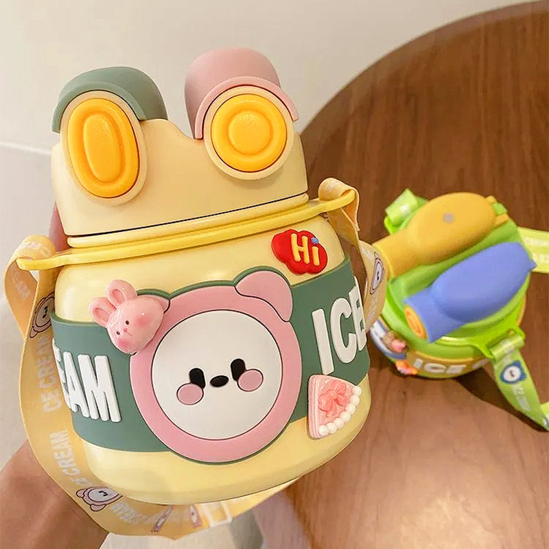 Cartoon children's water cup, high appearance level, cartoon double-drinking straw cup, creative portable large-capacity stainless steel insulated cup full figure