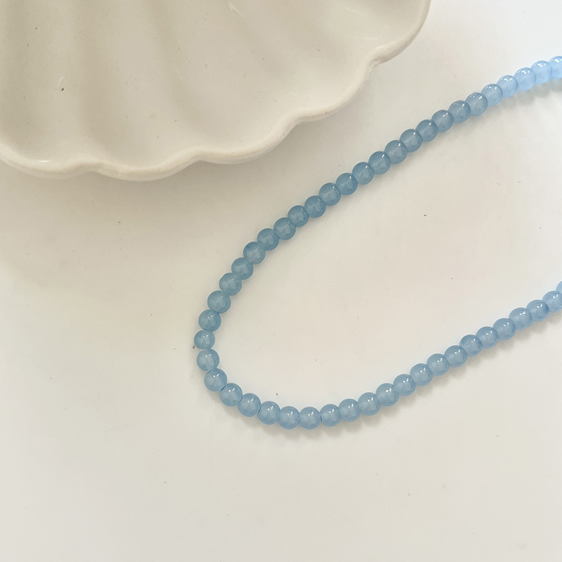 A Korean-style fresh and light blue chalcedony beaded necklace, the same style worn by an Instagram blogger. A collarbone chain, a girlish necklace for girls details Picture