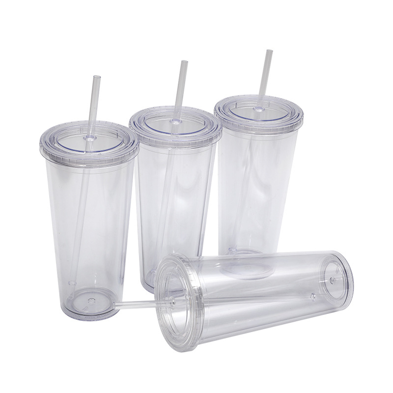 Factory direct supply of double-layer matte touch plastic straw cups with matte heat transfer patterns in stock details Picture