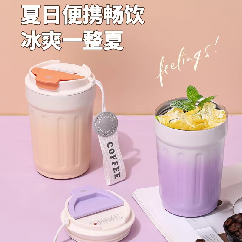 Gradient high appearance level octagonal coffee cup, 316 stainless steel female student insulated cup, portable outdoor carrying rope travel cup details Picture