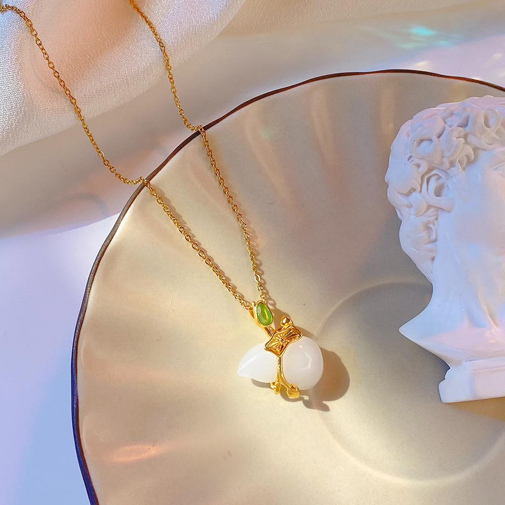 Fashionable and simple white jade gourd pendant titanium steel necklace, women's summer light luxury high-end collarbone chain temperament accessory details Picture